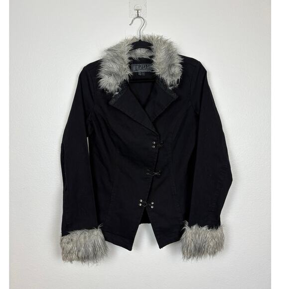 TRIPP NYC Y2K Steampunk Gothic Core Hook Front Faux Fur Black Denim Jacket Large - Picture 2 of 7